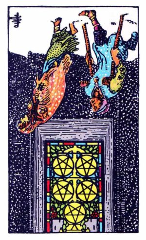 Five of Pentacles reversed tarot card, two figures inverted above a lit stained-glass window